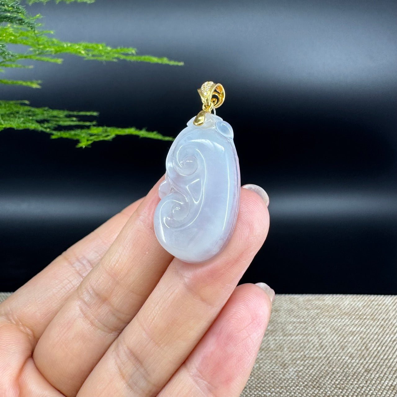 RealJade® Co. Genuine Icy Jadeite Jade Good Luck RuYi Necklace With 18K Yellow Gold Bail