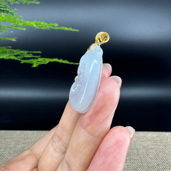 RealJade® Co. Genuine Icy Jadeite Jade Good Luck RuYi Necklace With 18K Yellow Gold Bail