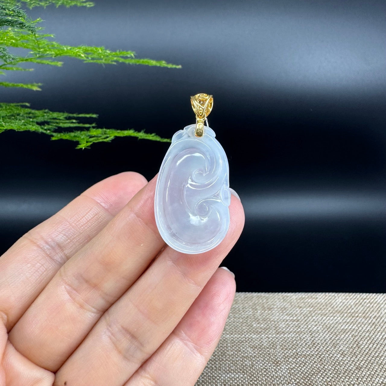 RealJade® Co. Genuine Icy Jadeite Jade Good Luck RuYi Necklace With 18K Yellow Gold Bail
