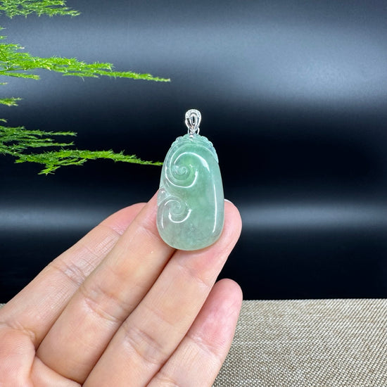RealJade® Co. Genuine Icy green Jadeite Jade Good Luck RuYi Necklace With 18K White Gold Bail