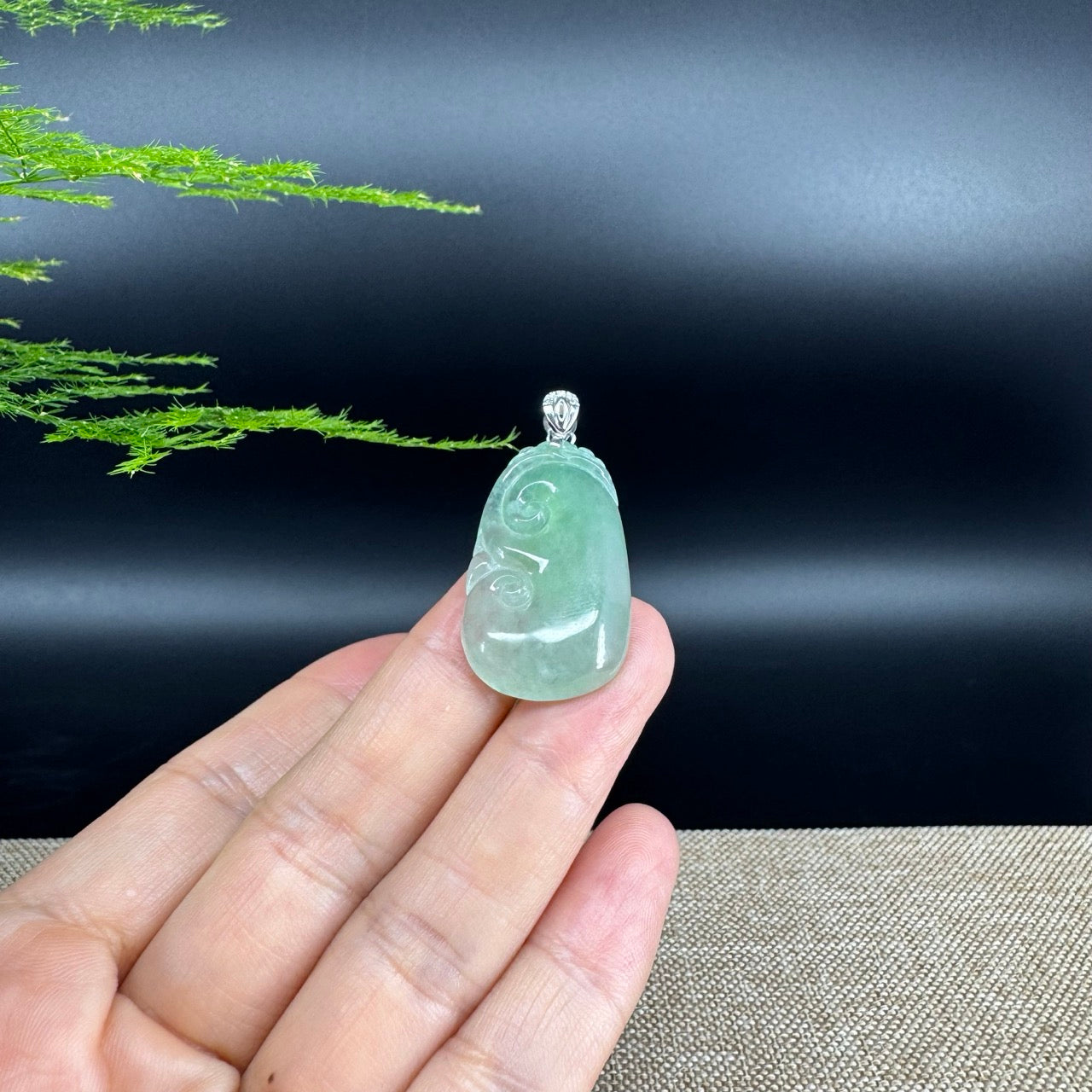 RealJade® Co. Genuine Icy green Jadeite Jade Good Luck RuYi Necklace With 18K White Gold Bail