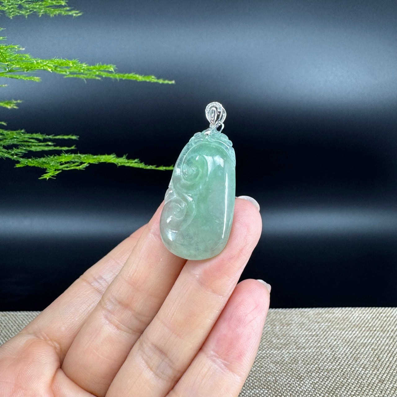 RealJade® Co. Genuine Icy green Jadeite Jade Good Luck RuYi Necklace With 18K White Gold Bail