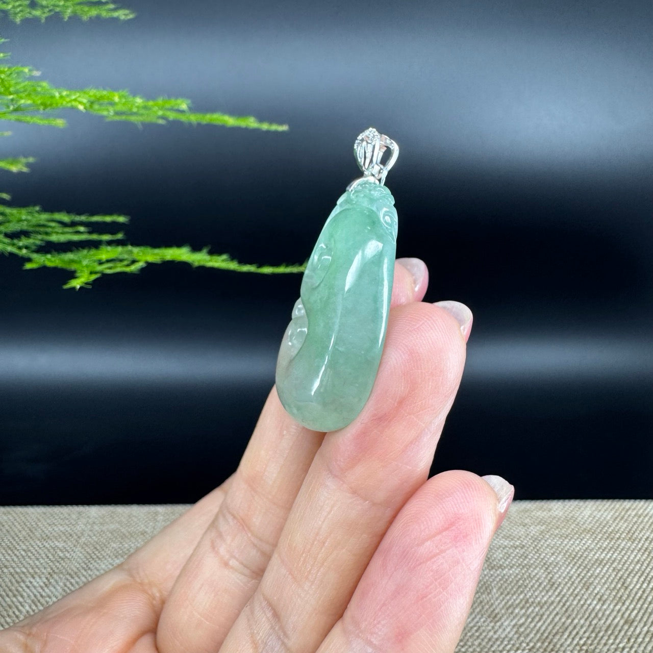 RealJade® Co. Genuine Icy green Jadeite Jade Good Luck RuYi Necklace With 18K White Gold Bail