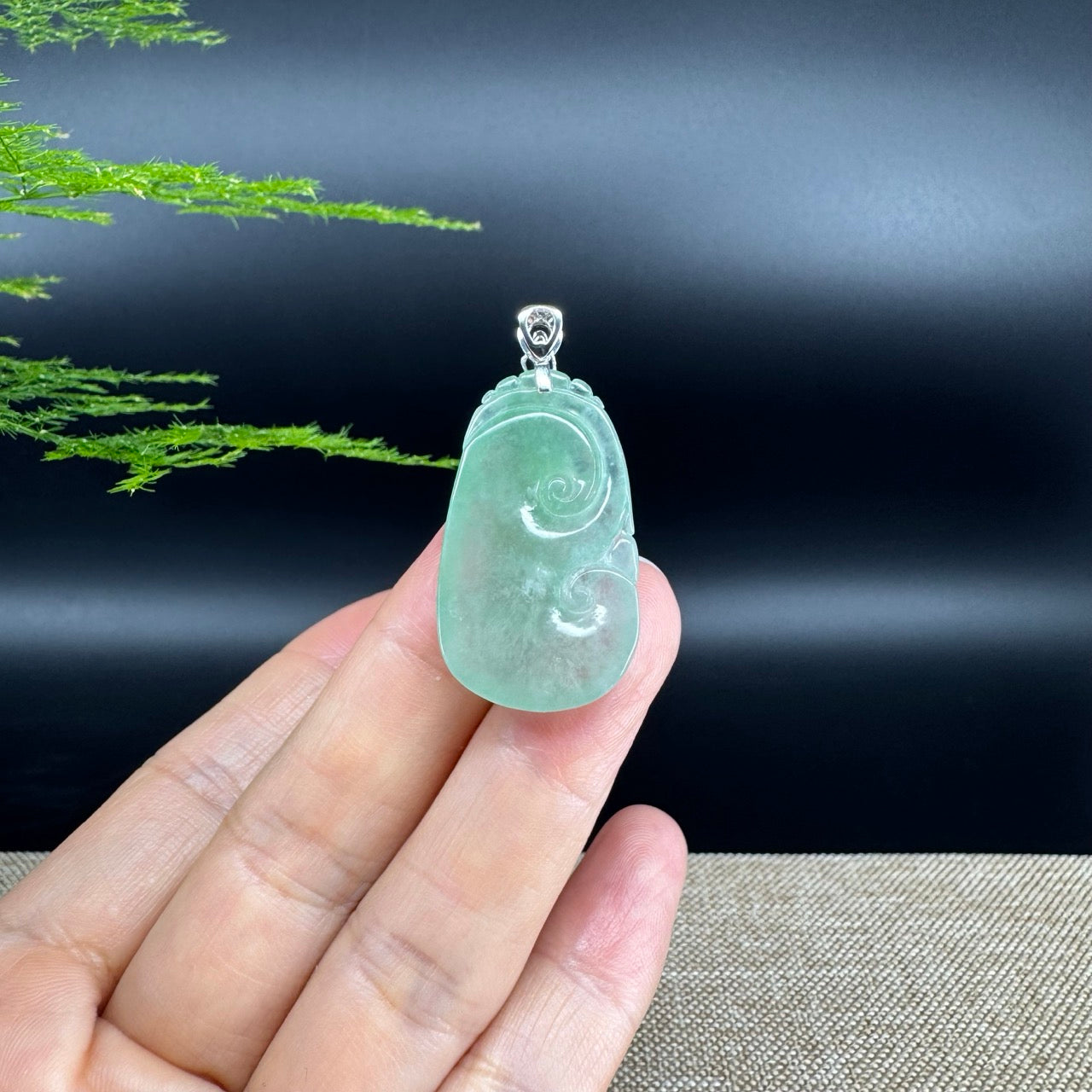 RealJade® Co. Genuine Icy green Jadeite Jade Good Luck RuYi Necklace With 18K White Gold Bail