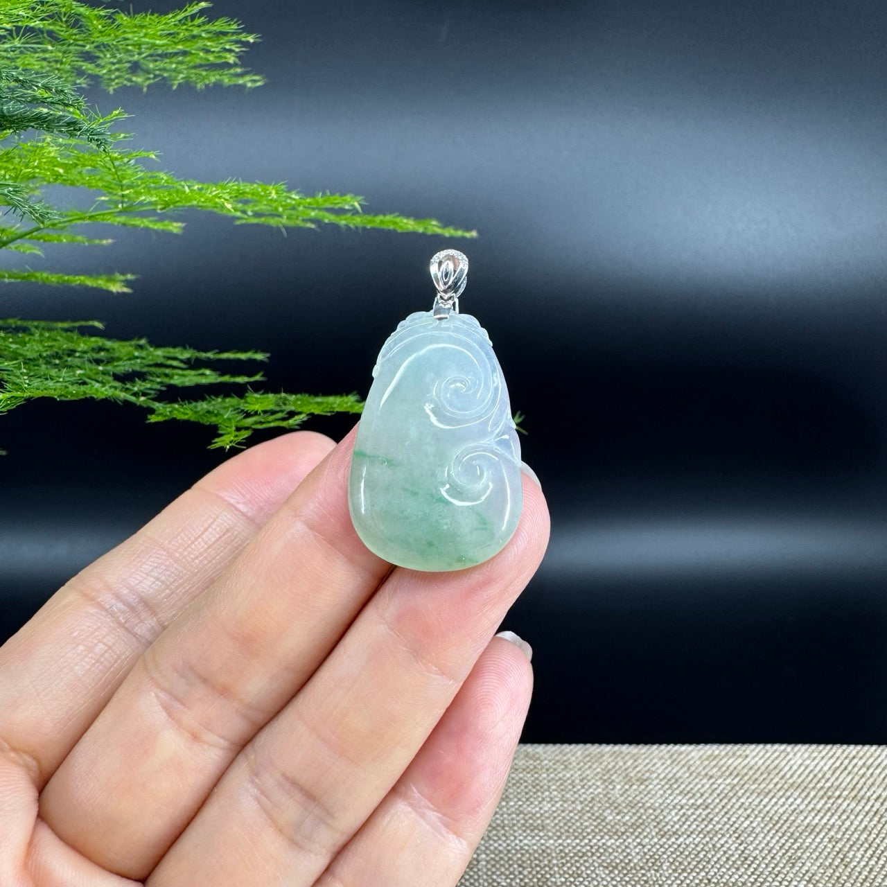 RealJade® Co. Genuine Icy green Jadeite Jade Good Luck RuYi Necklace With 18K White Gold Bail