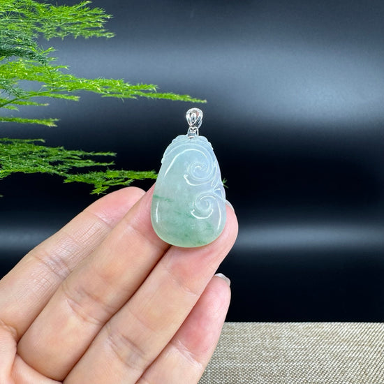 RealJade® Co. Genuine Icy green Jadeite Jade Good Luck RuYi Necklace With 18K White Gold Bail