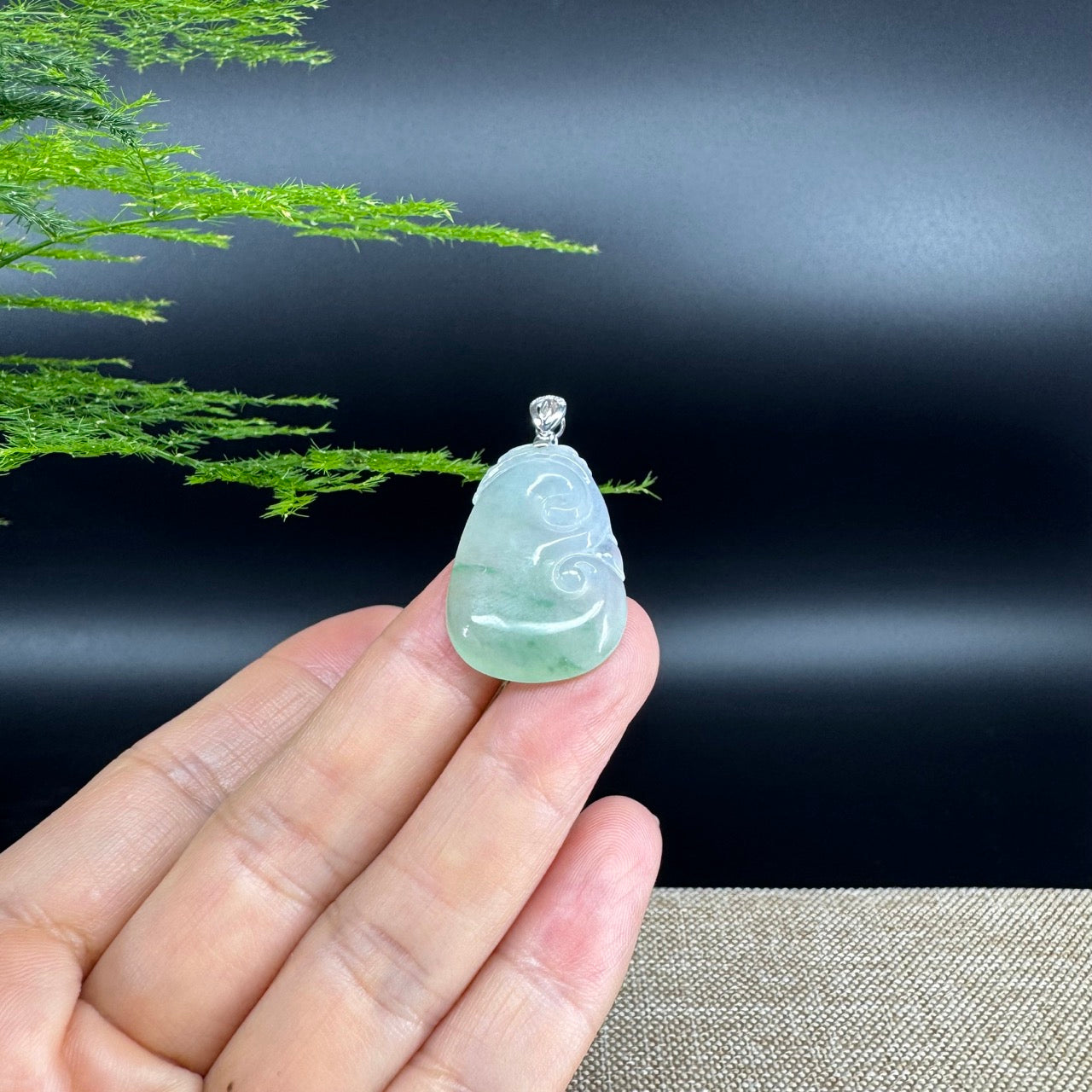 RealJade® Co. Genuine Icy green Jadeite Jade Good Luck RuYi Necklace With 18K White Gold Bail