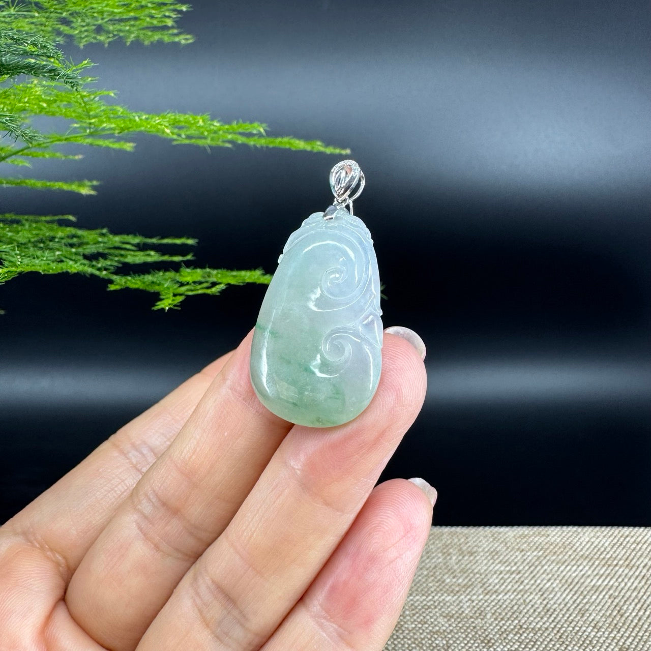 RealJade® Co. Genuine Icy green Jadeite Jade Good Luck RuYi Necklace With 18K White Gold Bail