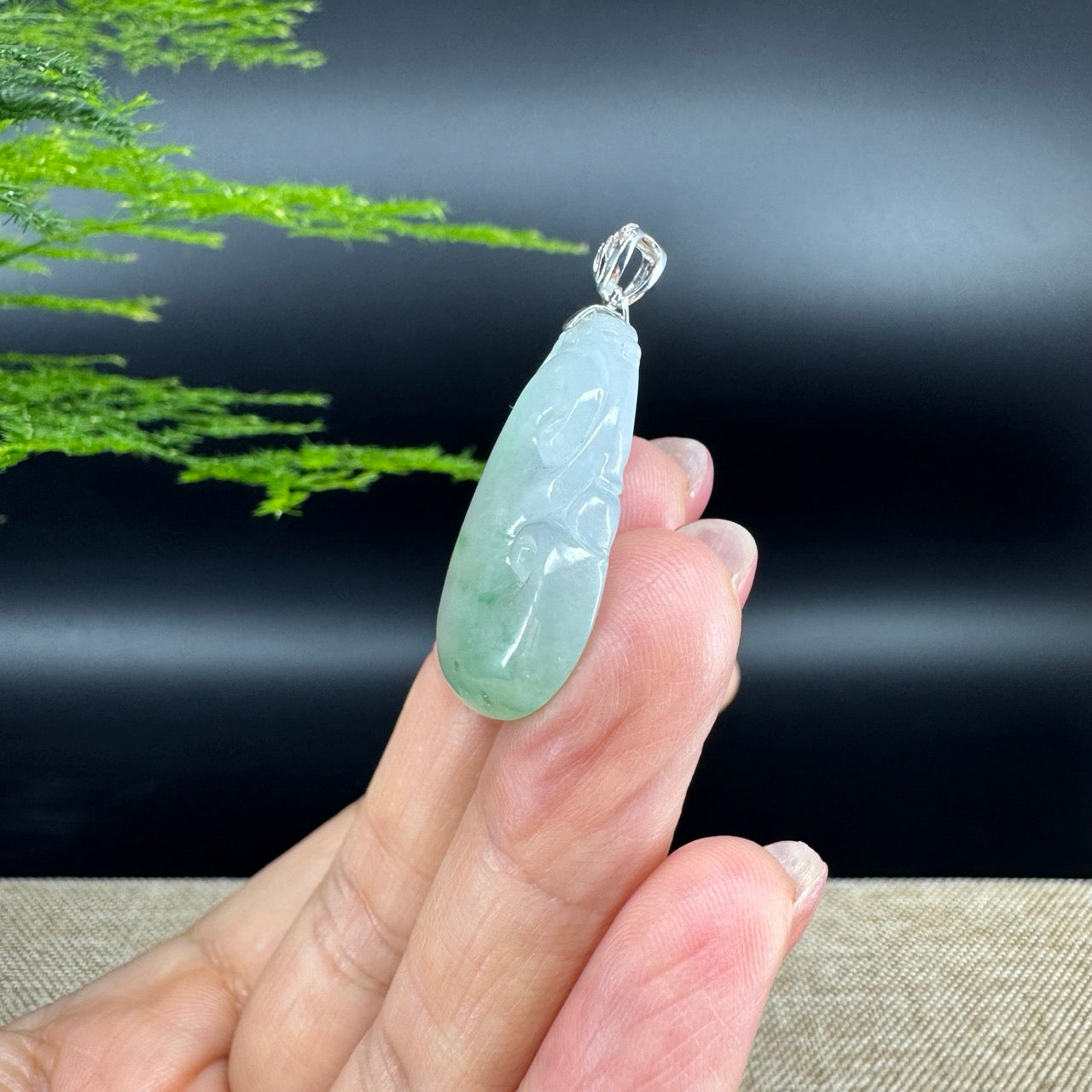 RealJade® Co. Genuine Icy green Jadeite Jade Good Luck RuYi Necklace With 18K White Gold Bail