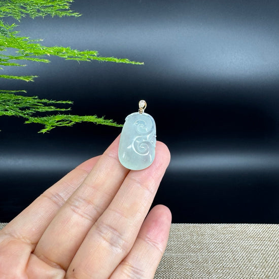 RealJade® Co. Genuine Icy green Jadeite Jade Good Luck RuYi Necklace With 18K Rose Gold Bail