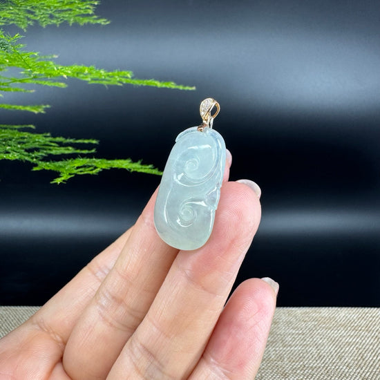 RealJade® Co. Genuine Icy green Jadeite Jade Good Luck RuYi Necklace With 18K Rose Gold Bail