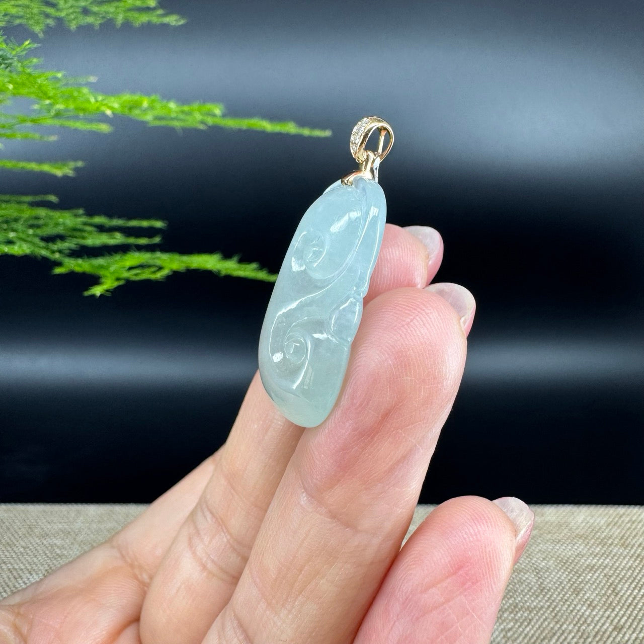 RealJade® Co. Genuine Icy green Jadeite Jade Good Luck RuYi Necklace With 18K Rose Gold Bail