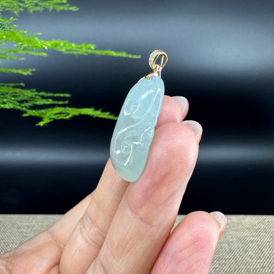 RealJade® Co. Genuine Icy green Jadeite Jade Good Luck RuYi Necklace With 18K Rose Gold Bail
