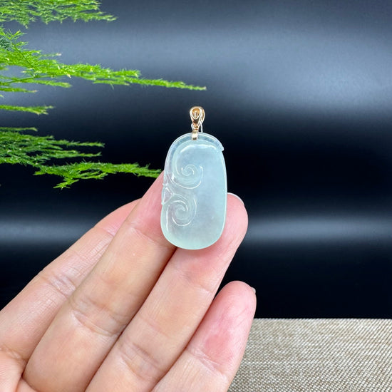 RealJade® Co. Genuine Icy green Jadeite Jade Good Luck RuYi Necklace With 18K Rose Gold Bail