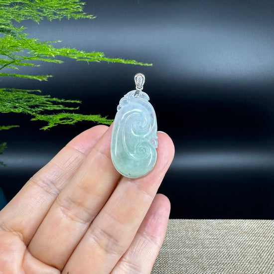 RealJade® Co. Genuine Icy green Jadeite Jade Good Luck RuYi  Necklace With 18K White Gold Bail