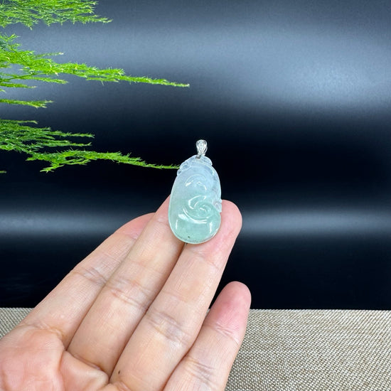 RealJade® Co. Genuine Icy green Jadeite Jade Good Luck RuYi  Necklace With 18K White Gold Bail