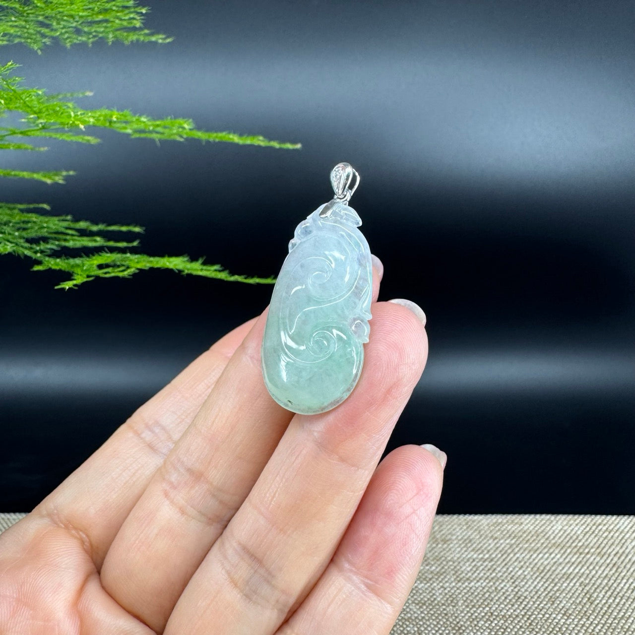RealJade® Co. Genuine Icy green Jadeite Jade Good Luck RuYi  Necklace With 18K White Gold Bail