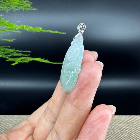 RealJade® Co. Genuine Icy green Jadeite Jade Good Luck RuYi  Necklace With 18K White Gold Bail