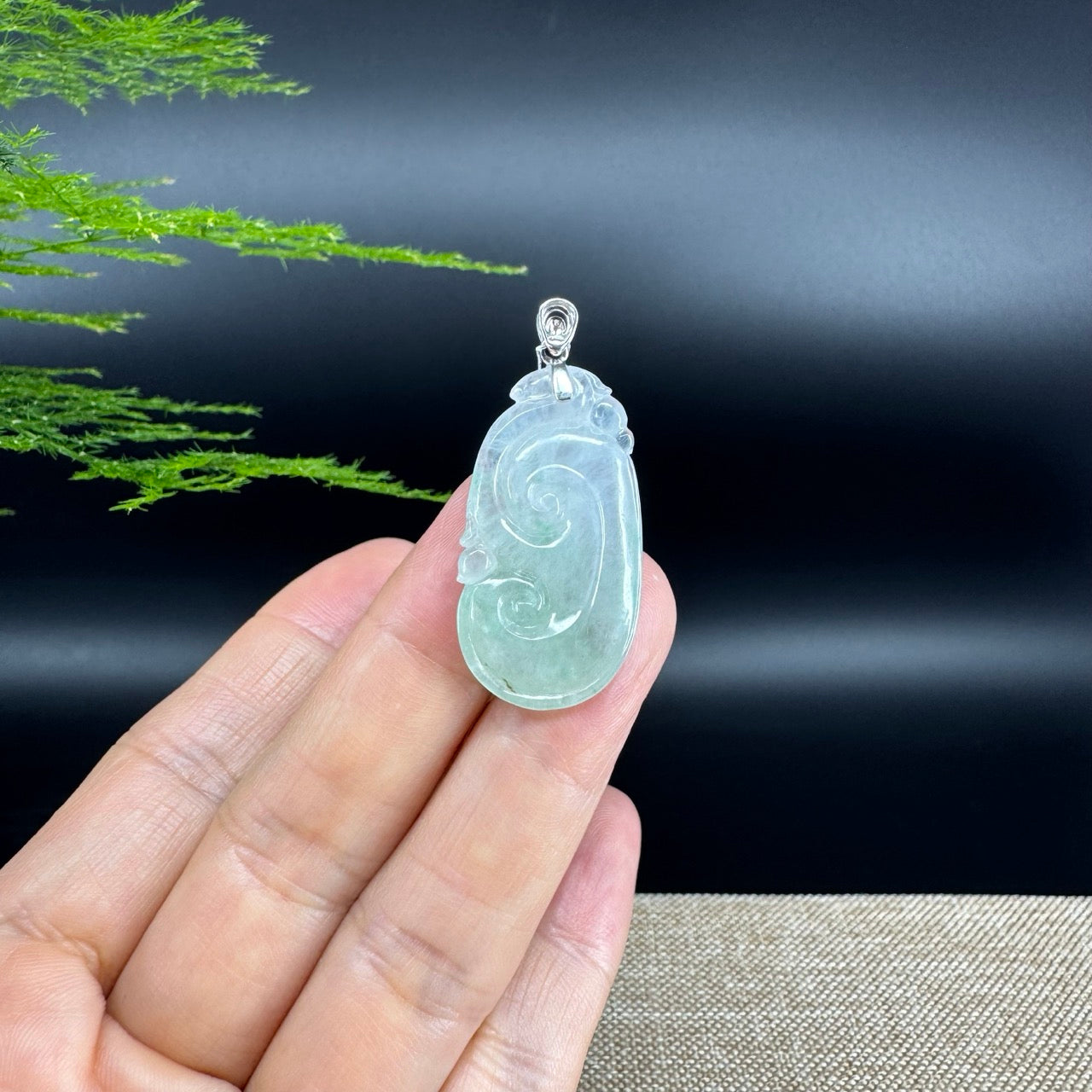 RealJade® Co. Genuine Icy green Jadeite Jade Good Luck RuYi  Necklace With 18K White Gold Bail
