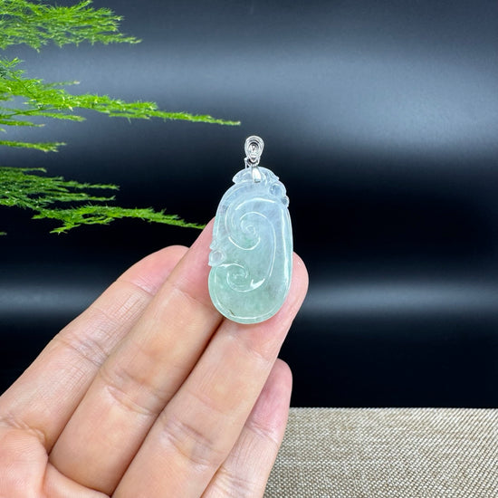 RealJade® Co. Genuine Icy green Jadeite Jade Good Luck RuYi  Necklace With 18K White Gold Bail