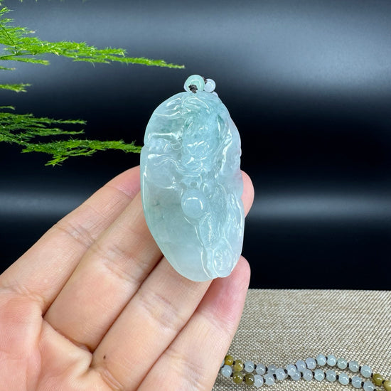 RealJade® Co. Genuine Burmese Jadeite Jade Ice Blue Dragon Pendant Necklace