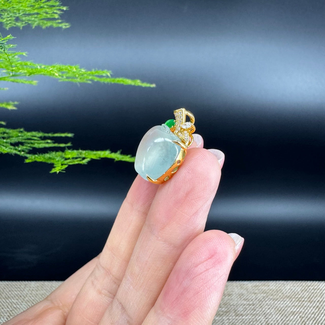 RealJade® Co. Genuine Icy Jadeite Jade Good Luck Apple Necklace With 18K Yellow Gold Bail