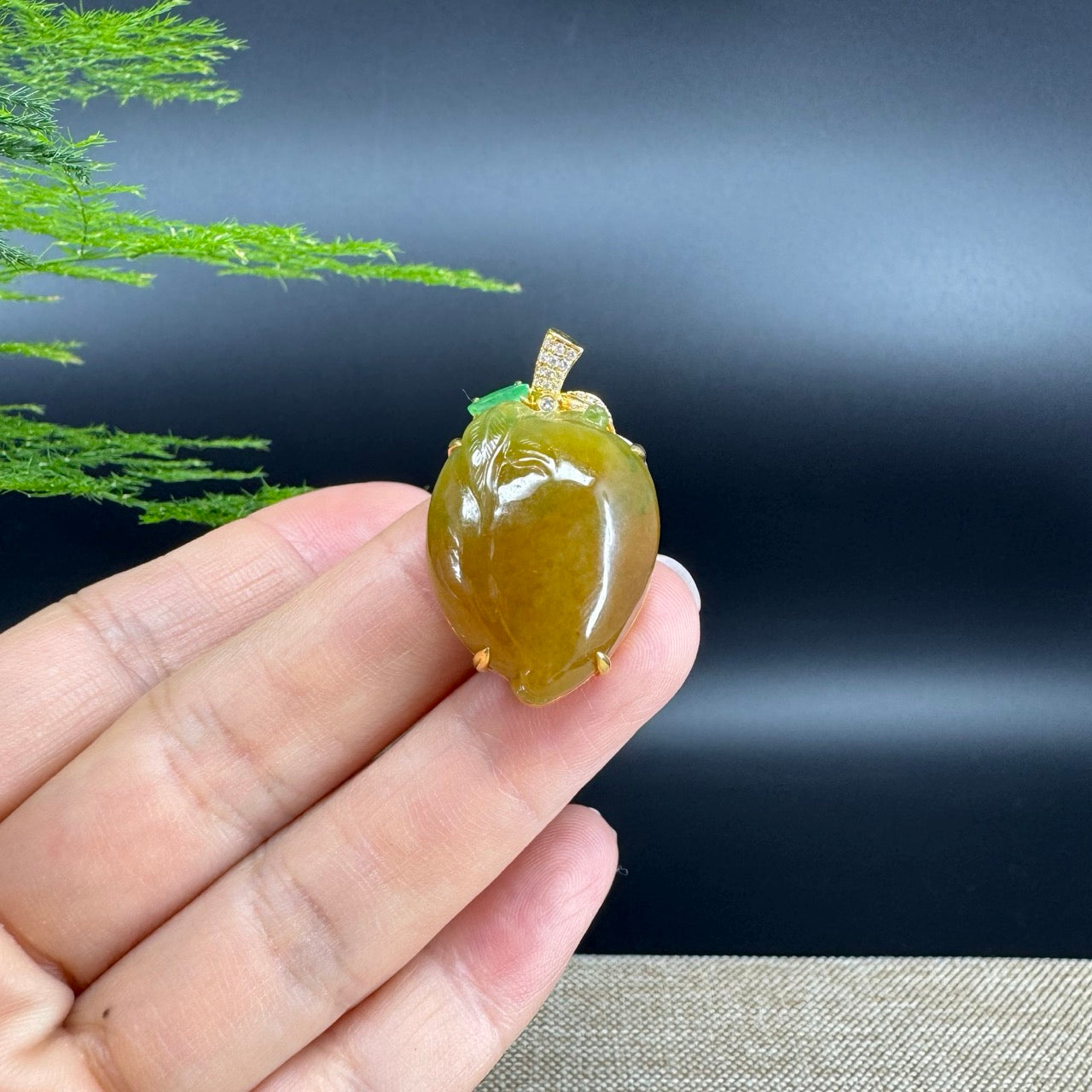 RealJade® Co. 18K Yellow Gold Genuine Burmese Yellow Green Jadeite Jade Shou Tao Pendant with Diamond