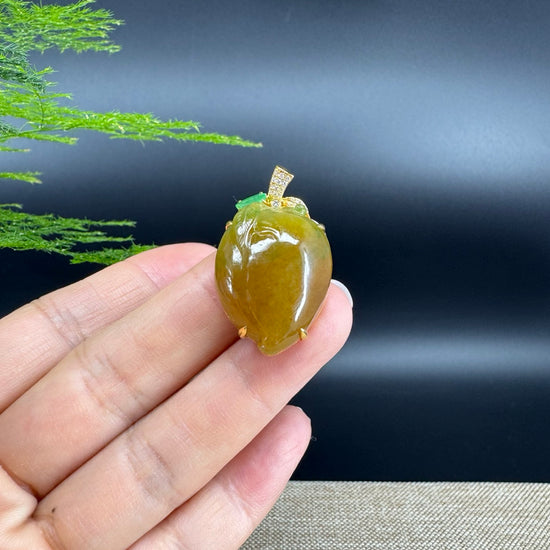 RealJade® Co. 18K Yellow Gold Genuine Burmese Yellow Green Jadeite Jade Shou Tao Pendant with Diamond