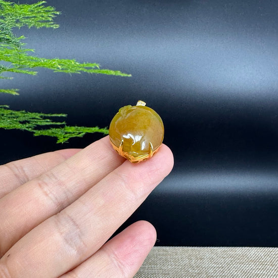 RealJade® Co. 18K Yellow Gold Genuine Burmese Yellow Green Jadeite Jade Shou Tao Pendant with Diamond