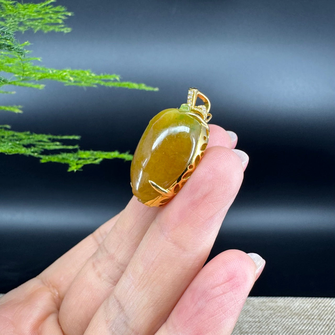 RealJade® Co. 18K Yellow Gold Genuine Burmese Yellow Green Jadeite Jade Shou Tao Pendant with Diamond