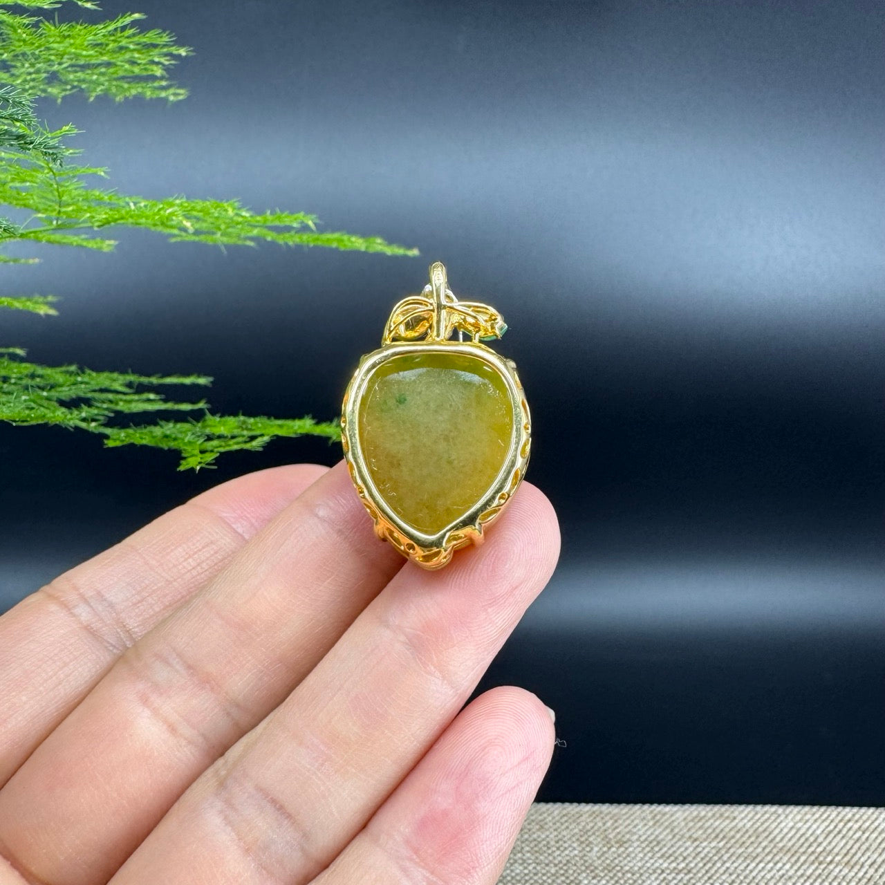 RealJade® Co. 18K Yellow Gold Genuine Burmese Yellow Green Jadeite Jade Shou Tao Pendant with Diamond