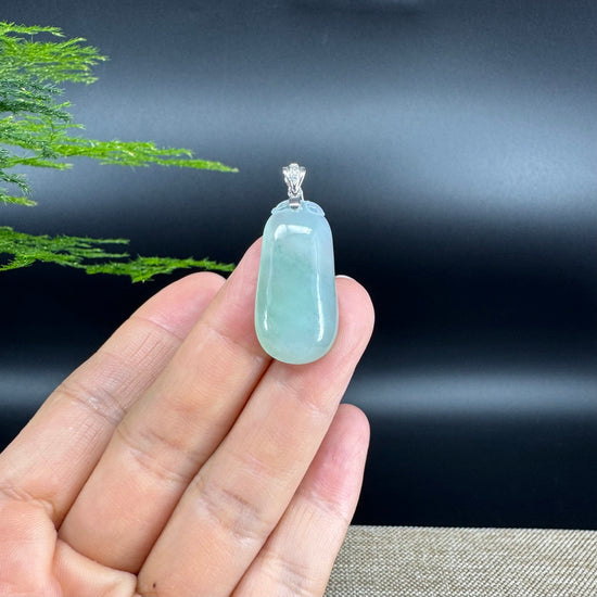 "Good Luck Button" Icy Green Jadeite Jade Shou Tao Pendant With 18K White Gold Bail