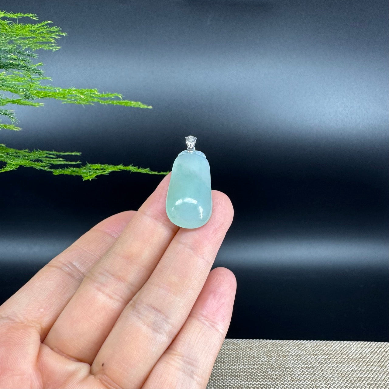 "Good Luck Button" Icy Green Jadeite Jade Shou Tao Pendant With 18K White Gold Bail