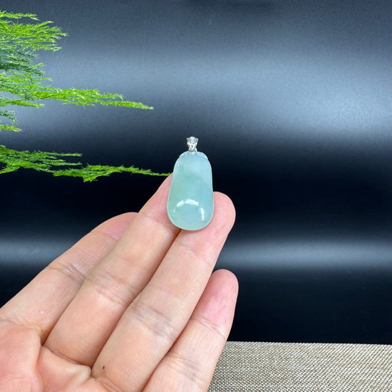 "Good Luck Button" Icy Green Jadeite Jade Shou Tao Pendant With 18K White Gold Bail