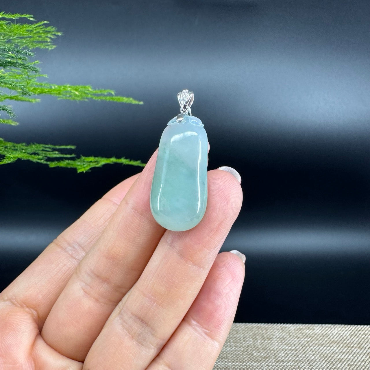 "Good Luck Button" Icy Green Jadeite Jade Shou Tao Pendant With 18K White Gold Bail