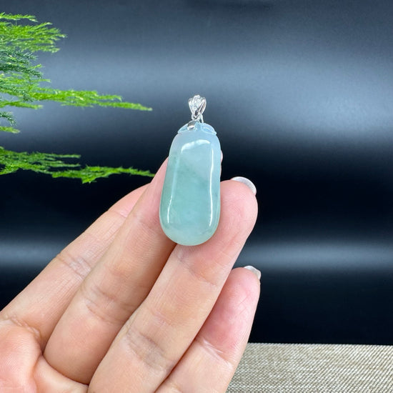 "Good Luck Button" Icy Green Jadeite Jade Shou Tao Pendant With 18K White Gold Bail