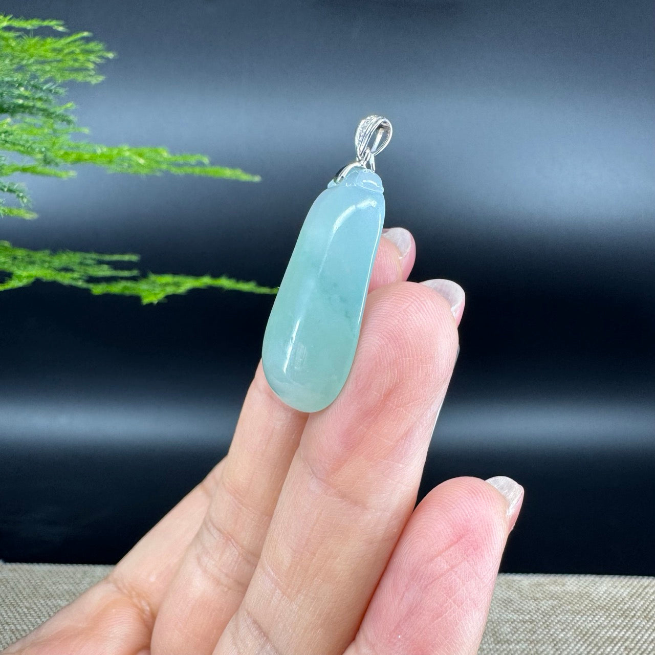 "Good Luck Button" Icy Green Jadeite Jade Shou Tao Pendant With 18K White Gold Bail