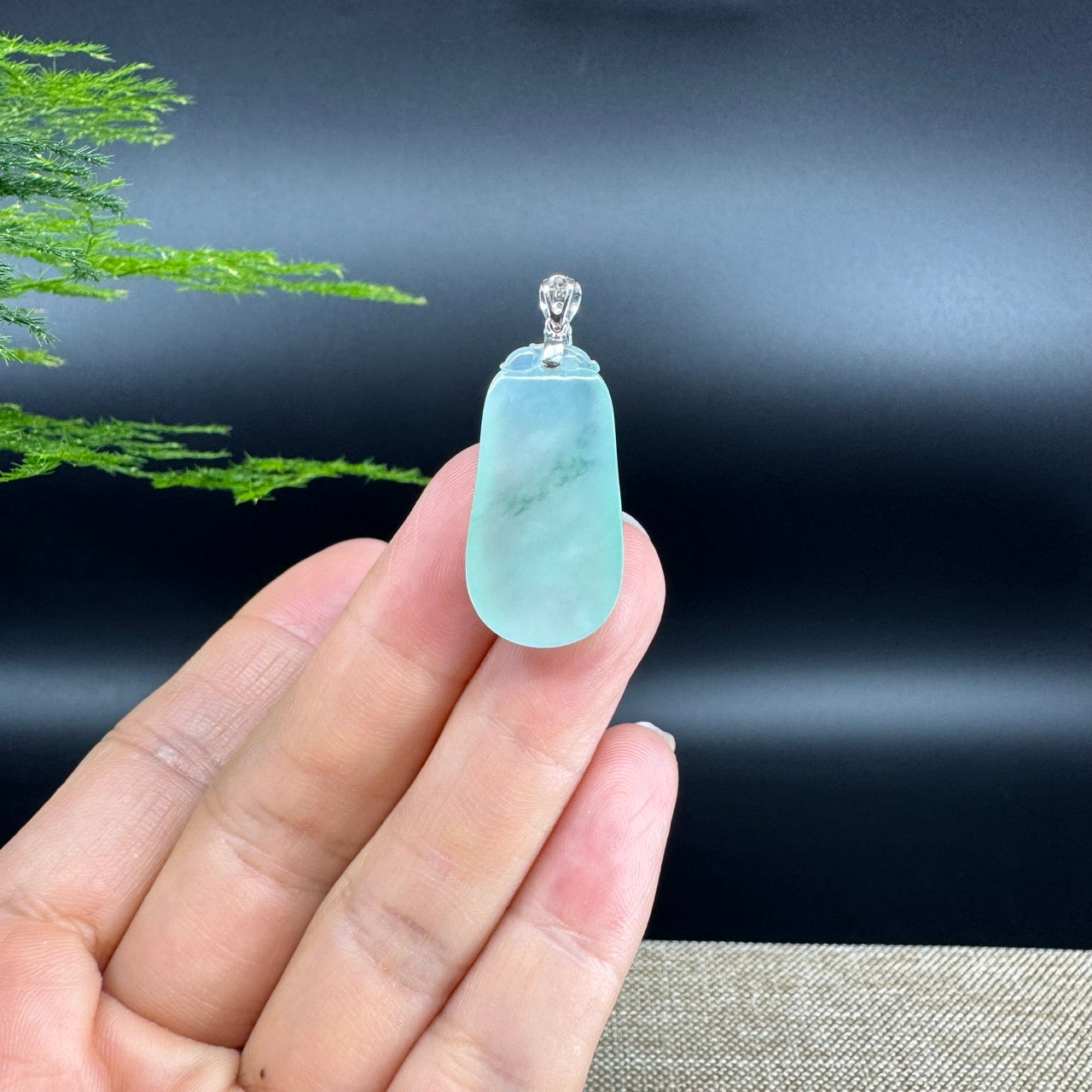 "Good Luck Button" Icy Green Jadeite Jade Shou Tao Pendant With 18K White Gold Bail