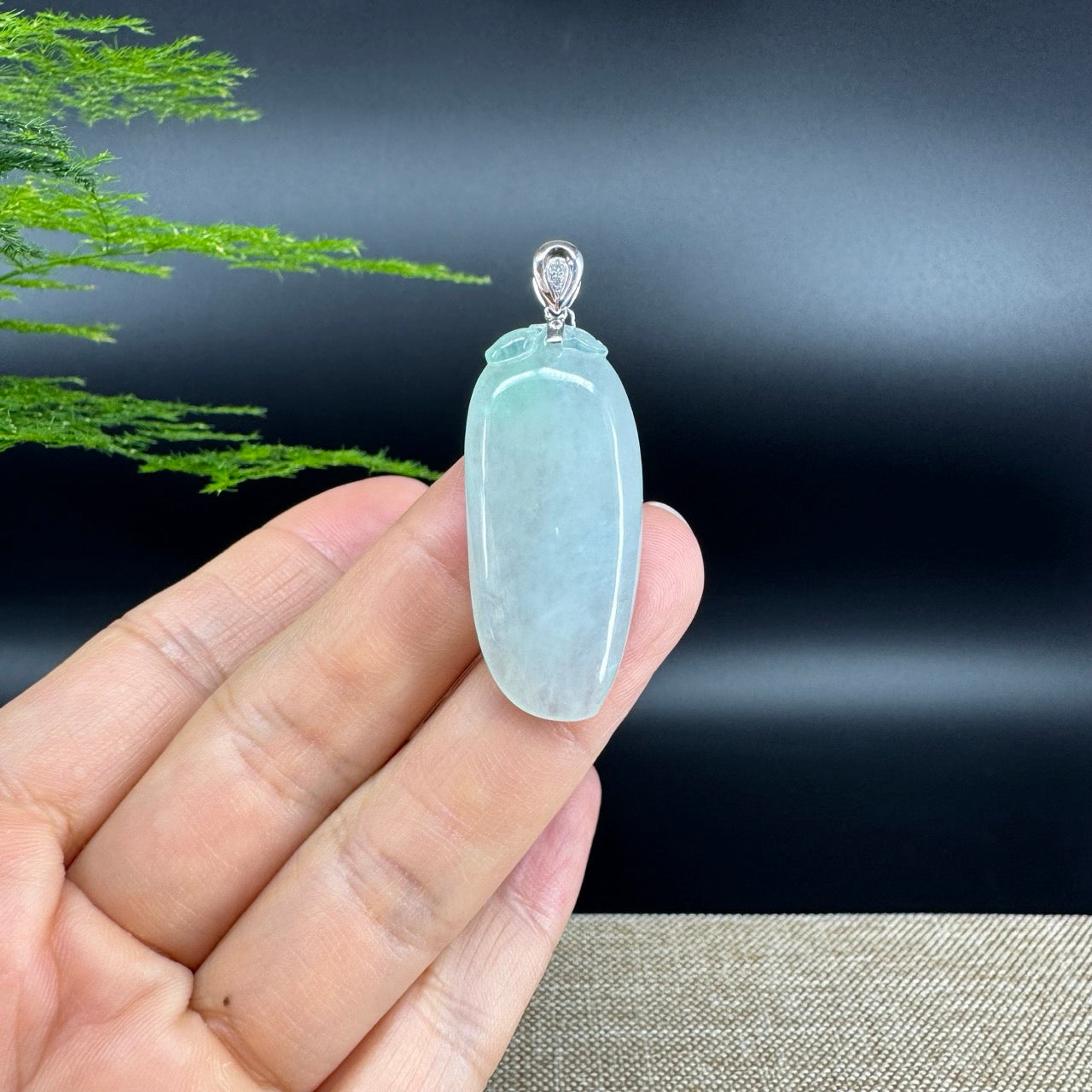 "Good Luck Button" Icy Green Jadeite Jade Shou Tao Pendant With 18K White Gold Bail