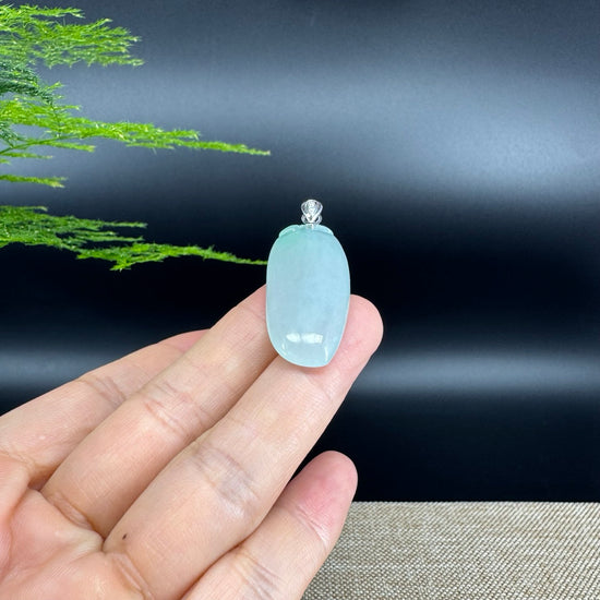 "Good Luck Button" Icy Green Jadeite Jade Shou Tao Pendant With 18K White Gold Bail