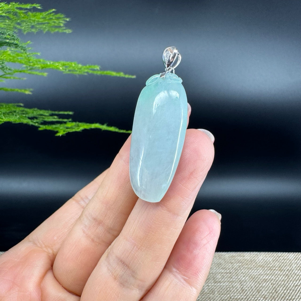 "Good Luck Button" Icy Green Jadeite Jade Shou Tao Pendant With 18K White Gold Bail