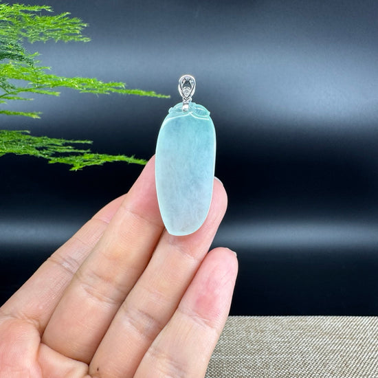 "Good Luck Button" Icy Green Jadeite Jade Shou Tao Pendant With 18K White Gold Bail