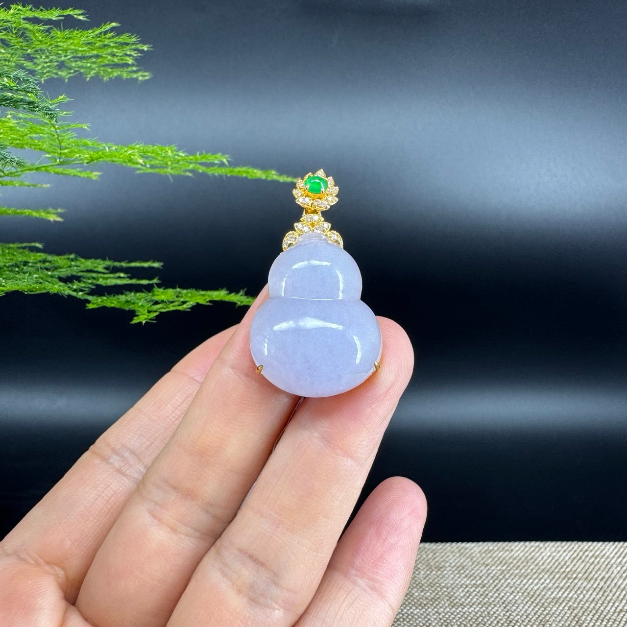RealJade® Co. Genuine Icy Lavender  Jadeite Jade Good Luck Hulu Necklace With 18K Yellow Gold Bail And Diamonds