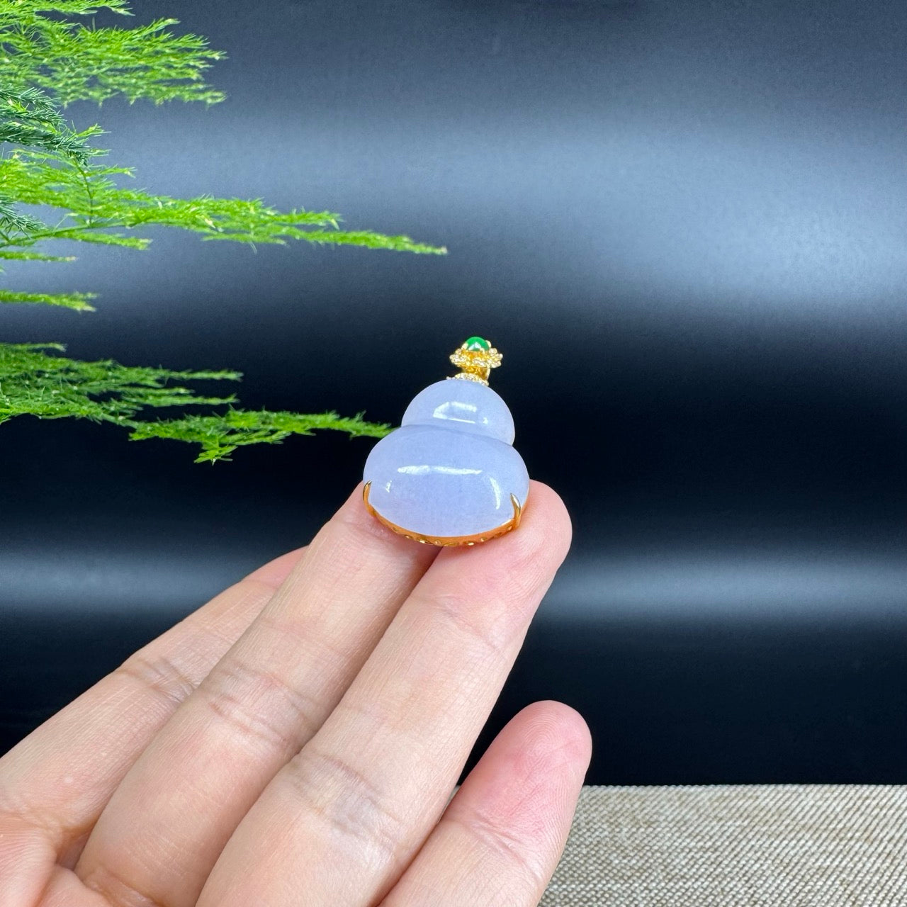 RealJade® Co. Genuine Icy Lavender  Jadeite Jade Good Luck Hulu Necklace With 18K Yellow Gold Bail And Diamonds