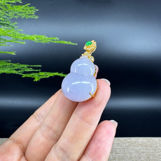 RealJade® Co. Genuine Icy Lavender  Jadeite Jade Good Luck Hulu Necklace With 18K Yellow Gold Bail And Diamonds