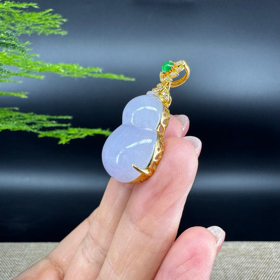 RealJade® Co. Genuine Icy Lavender  Jadeite Jade Good Luck Hulu Necklace With 18K Yellow Gold Bail And Diamonds