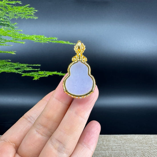 RealJade® Co. Genuine Icy Lavender  Jadeite Jade Good Luck Hulu Necklace With 18K Yellow Gold Bail And Diamonds