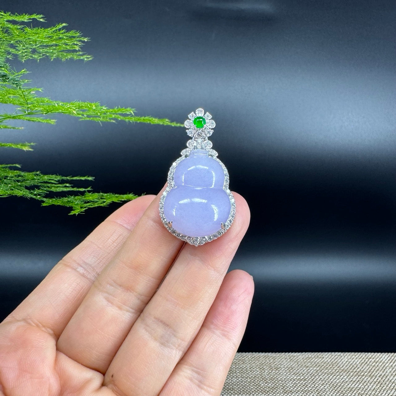 RealJade® Co. 18K White Gold Genuine Lavender Jadeite Jade Hu Lu Necklace