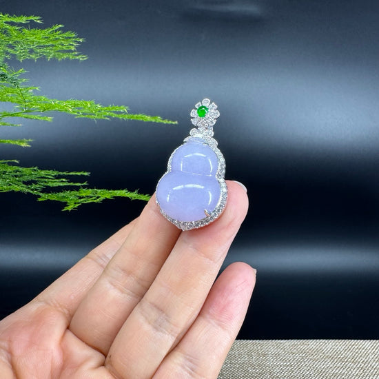 RealJade® Co. 18K White Gold Genuine Lavender Jadeite Jade Hu Lu Necklace