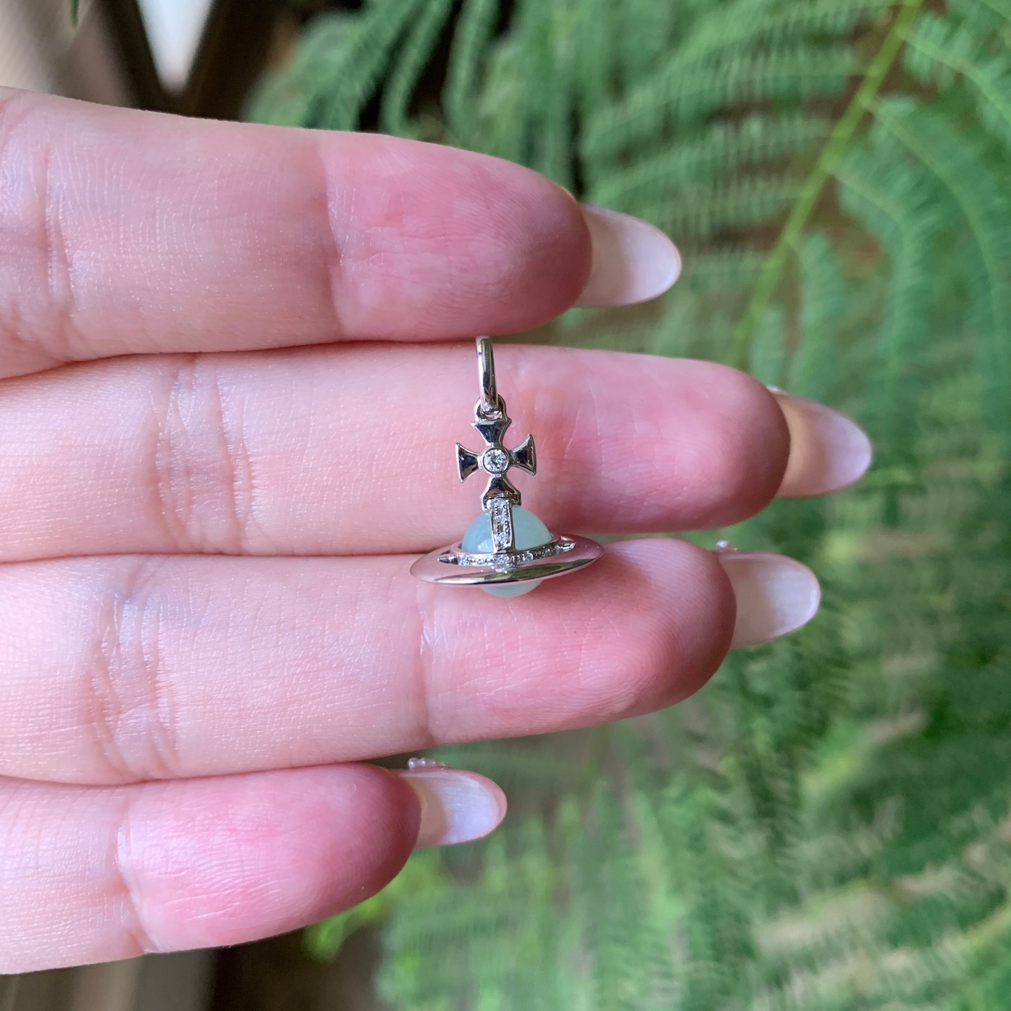 "Live" 18K White Gold Custom Light Green Bead Pendant